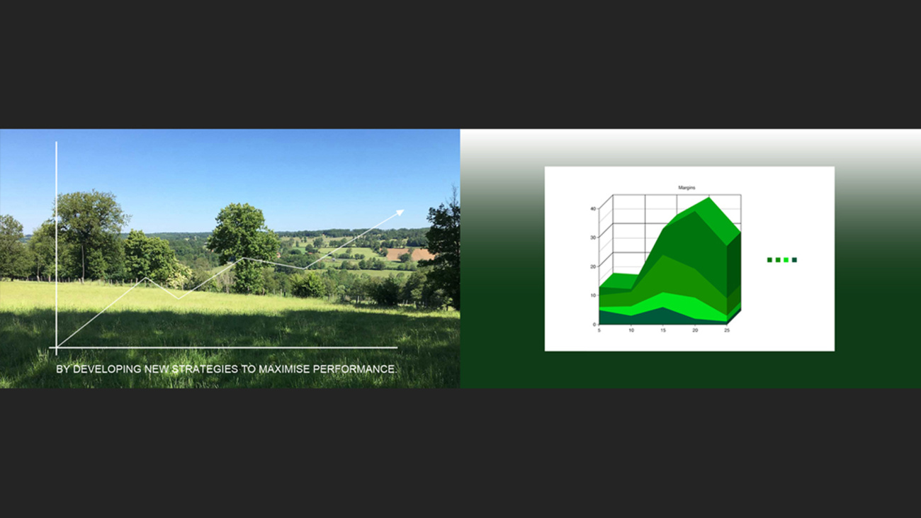 Two screens, one side a landscape with text "By developing new strategies to maximise performance" and on the other a graph with "Margins" across the top