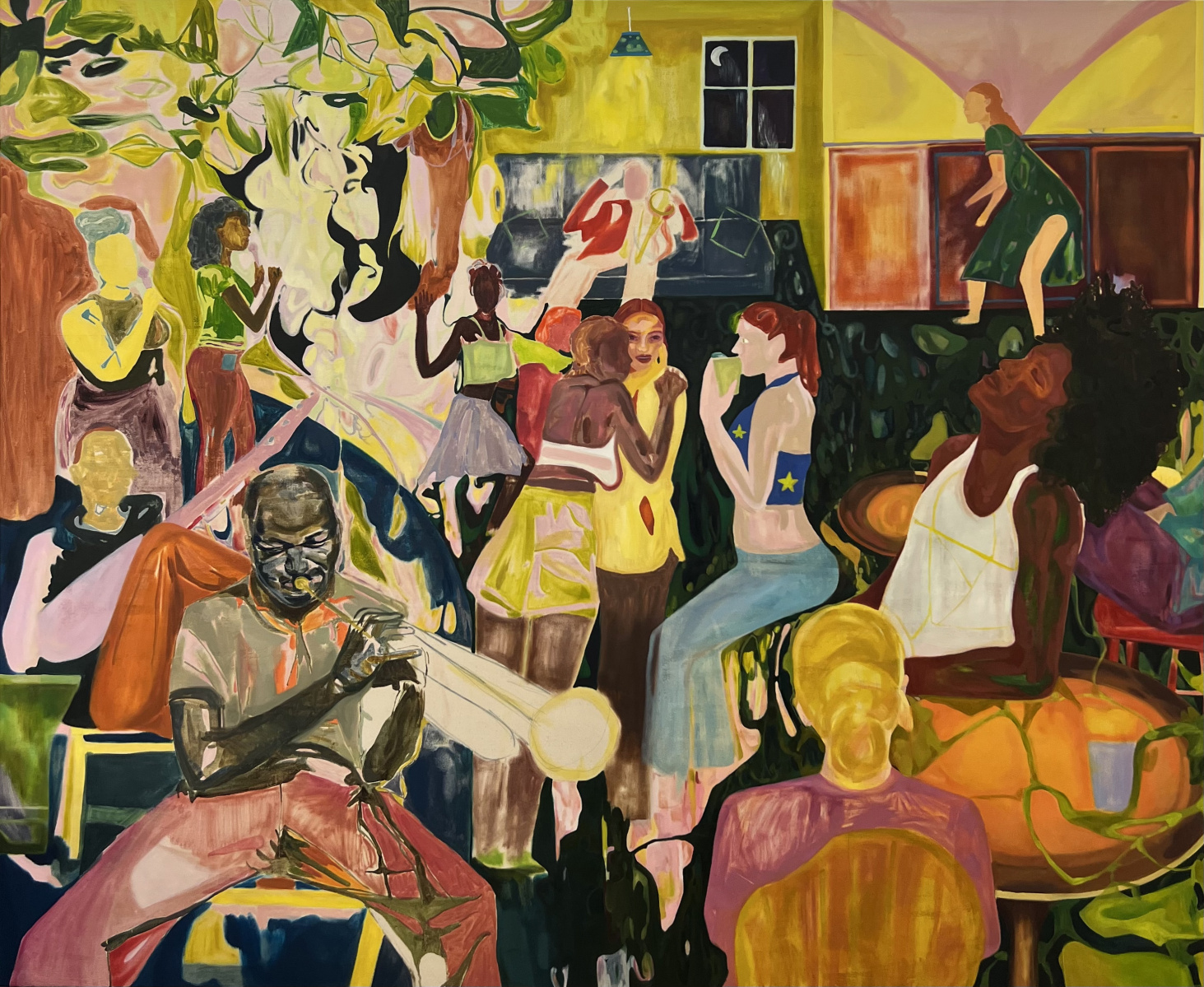 Figurative painting of people in a club, oil on canvas