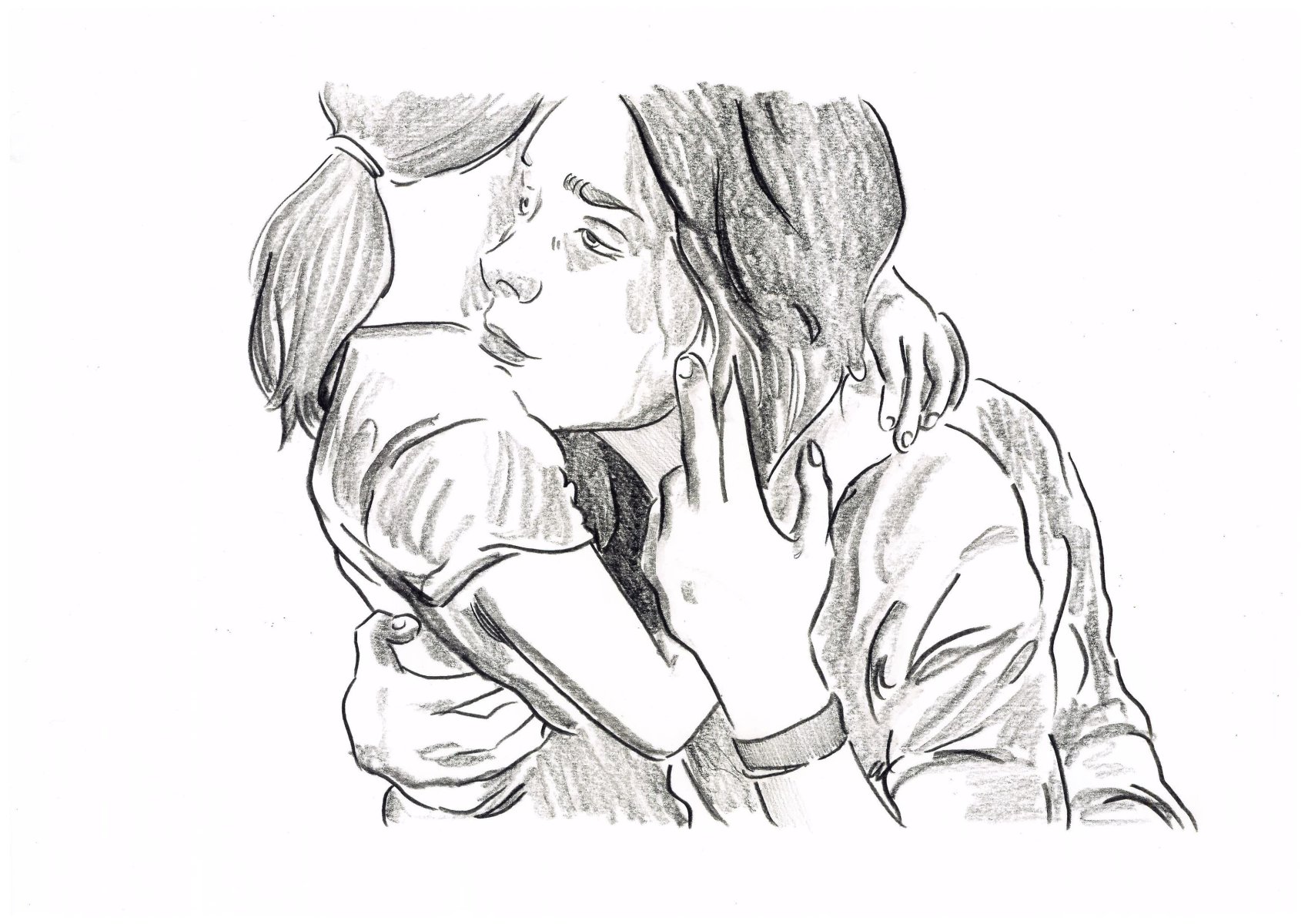 An pencil drawing of a girl looking into the distance as she holds her little sister close, resting her chin on her sister's shoulder