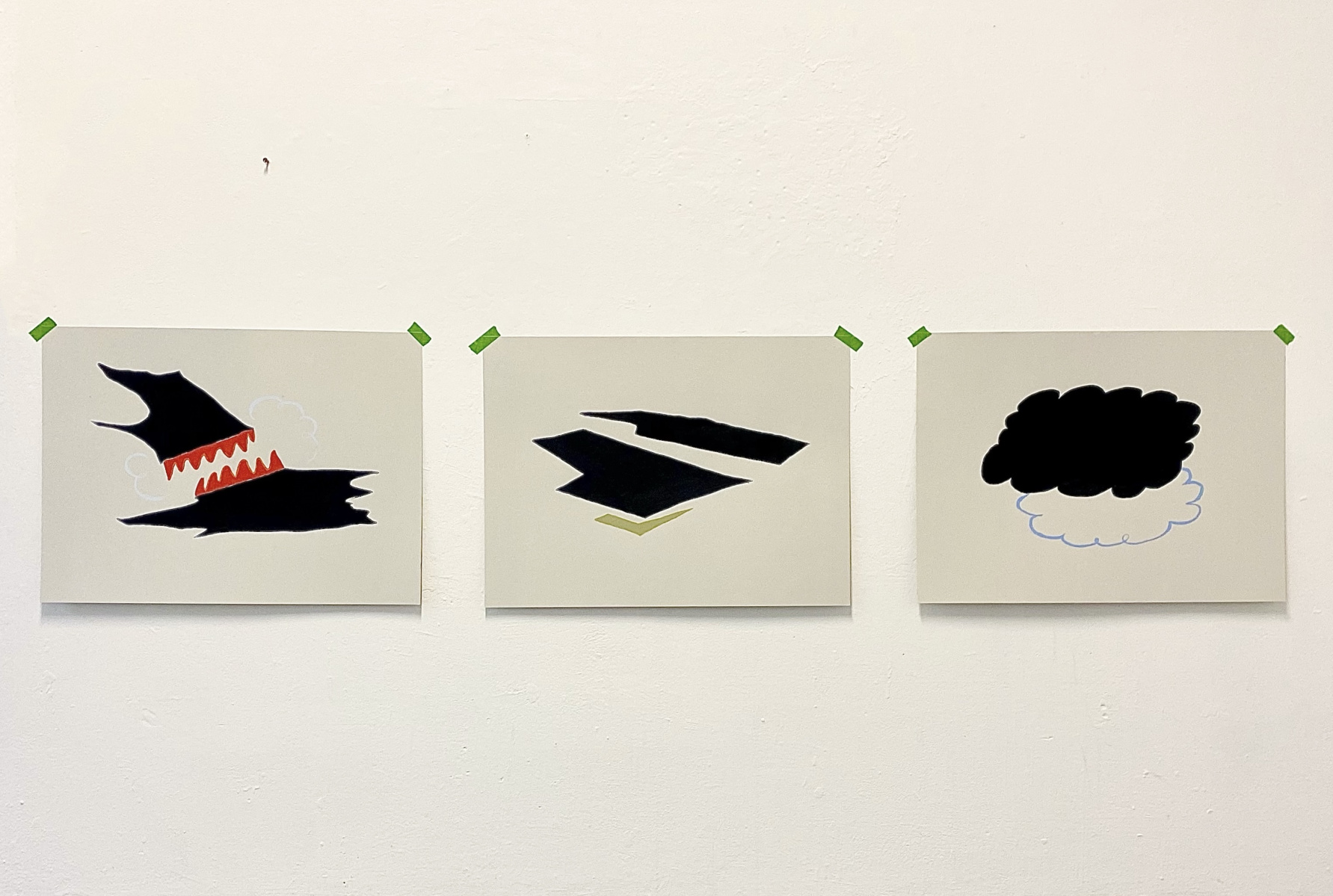 Three sequenced paintings on paper, attached to a wall with bright green bits of tape. All include bold, abstracted, cartoon-like geometrical shapes in dark colours, with some animated details in red, sage green and light blue.