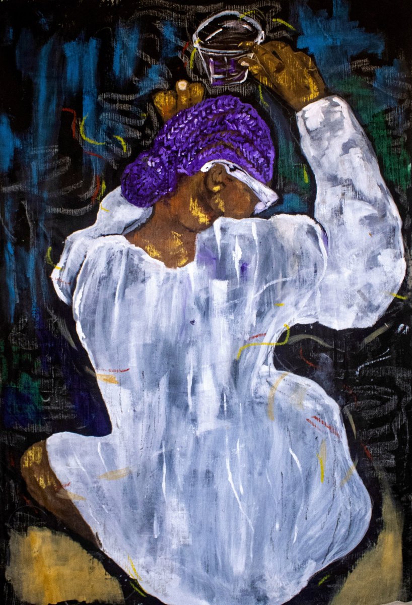 The back of a crouching black woman in a white dress, dancing in motion, with a drink in her hand and sunglasses just about visible.