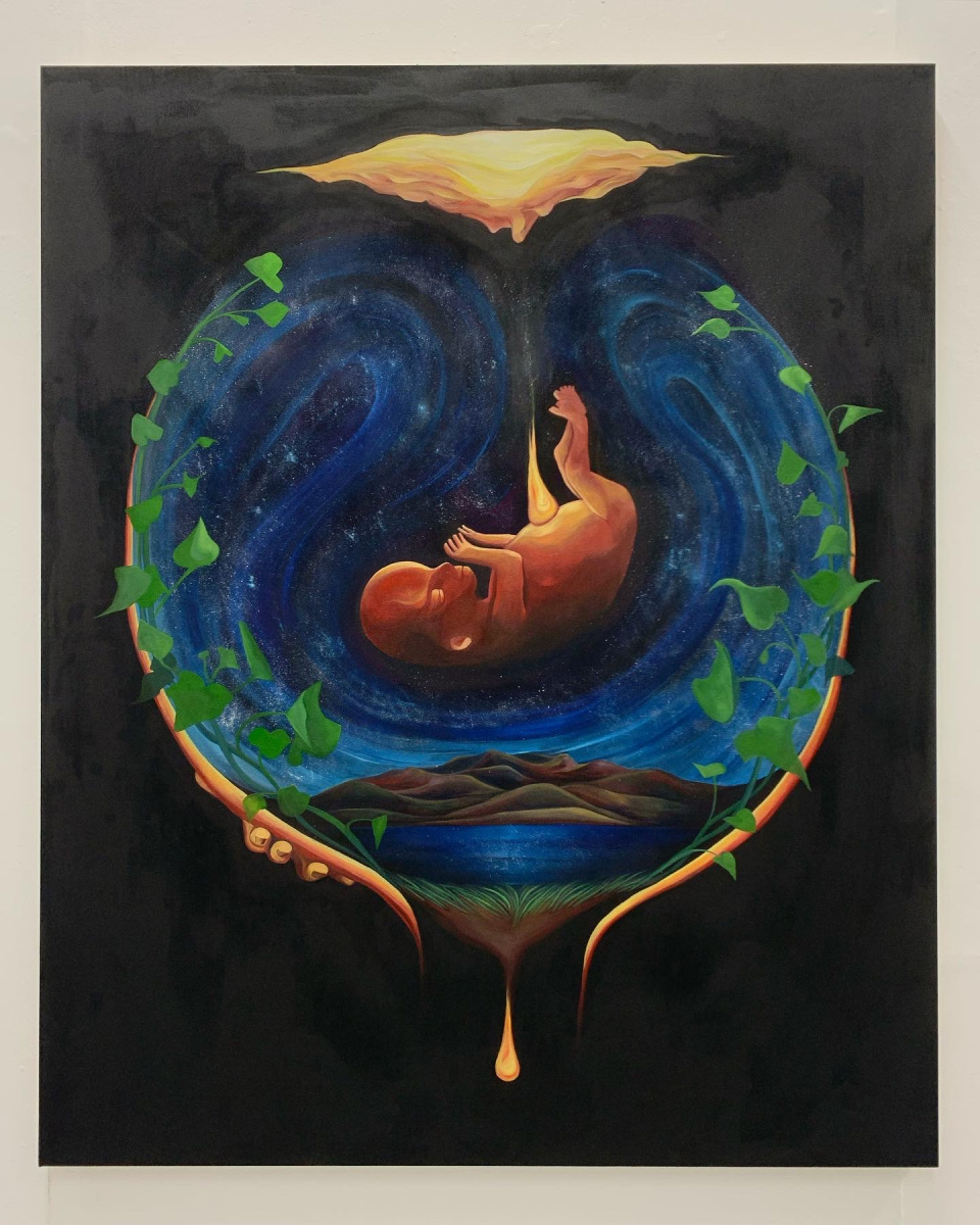 Painting of foetus enclosed within a landscape against a night sky.