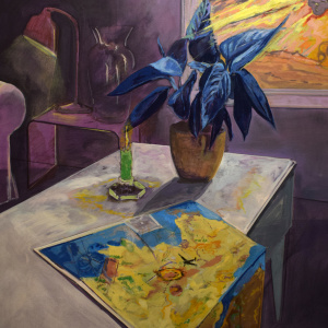 Painting of an interior, coffee table in foreground with map, candle and plant