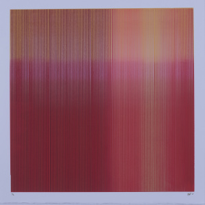 Screenprint of striped abstract image in shades of red and orange.