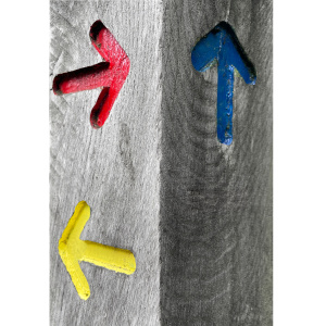 Coloured arrows (red, blue and yellow) against a grey woodgrain background.