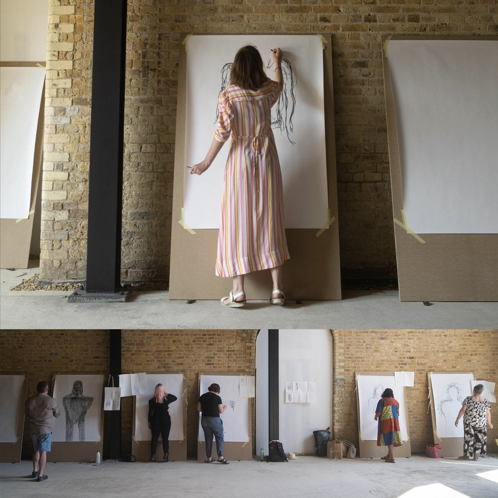 Split image: photo at top, back of woman making large-scale drawing. Bottom: 5 people making large scale-drawings